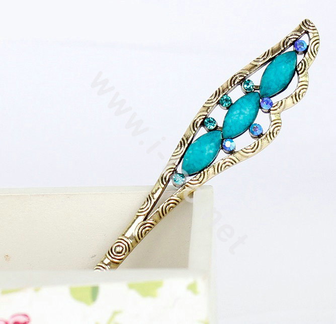 Retro Tassel Crystal Rhinestone Wing Hairpin Hair Clasp Clip Fork Stick - Blue