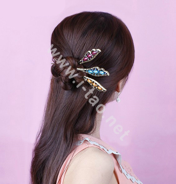 Retro Tassel Crystal Rhinestone Wing Hairpin Hair Clasp Clip Fork Stick - Purple