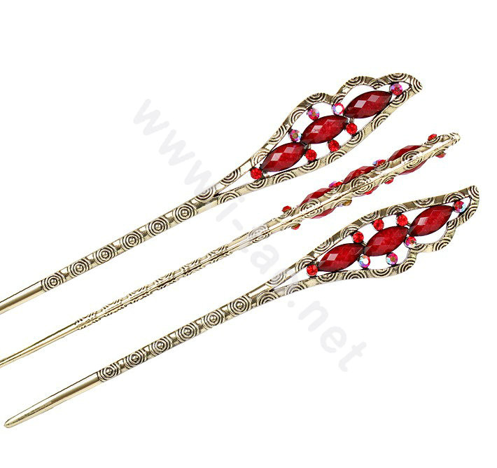 Retro Tassel Crystal Rhinestone Wing Hairpin Hair Clasp Clip Fork Stick - Red