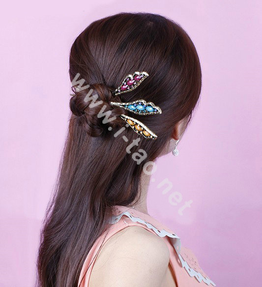 Retro Tassel Crystal Rhinestone Wing Hairpin Hair Clasp Clip Fork Stick - Red