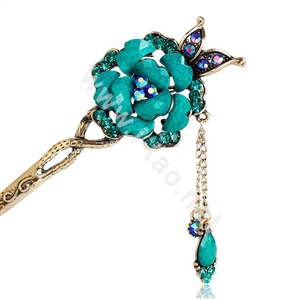 Retro Tassel Rhinestone Crystal Flower Hairpin Hair Clasp Clip Fork Stick - Blue