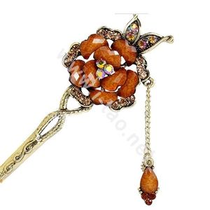 Retro Tassel Rhinestone Crystal Flower Hairpin Hair Clasp Clip Fork Stick - Brown