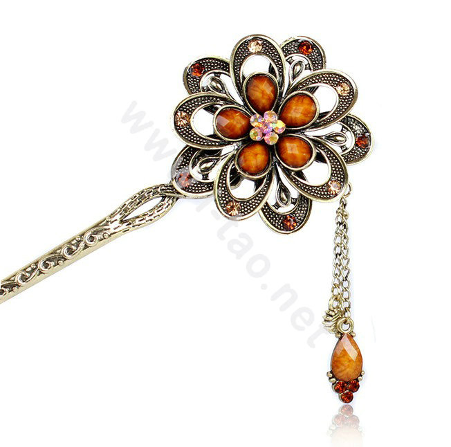 Retro Tassel Rhinestone Crystal Flower Hairpin Hair Clasp Clip Fork Stick - Coffee