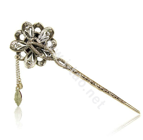 Retro Tassel Rhinestone Crystal Flower Hairpin Hair Clasp Clip Fork Stick - Coffee
