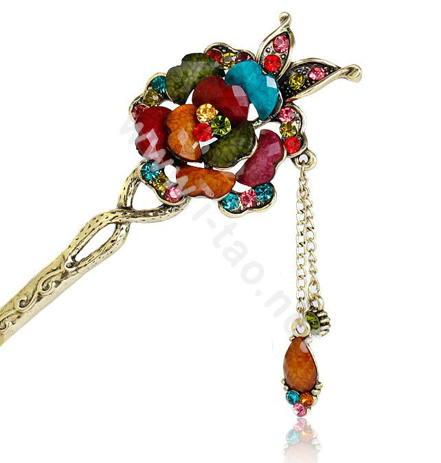 Retro Tassel Rhinestone Crystal Flower Hairpin Hair Clasp Clip Fork Stick - Multicolor