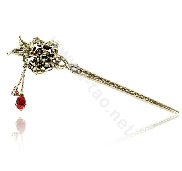 Retro Tassel Rhinestone Crystal Flower Hairpin Hair Clasp Clip Fork Stick - Multicolor