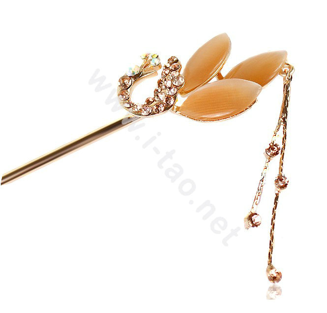 Retro Tassel Rhinestone Crystal Peacock Hairpin Hair Clasp Clip Fork Stick - Champagne