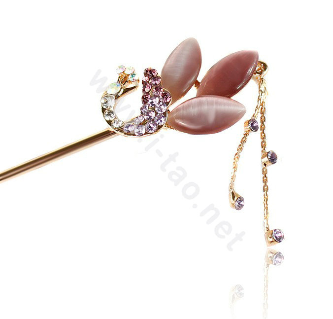 Retro Tassel Rhinestone Crystal Peacock Hairpin Hair Clasp Clip Fork Stick - Purple