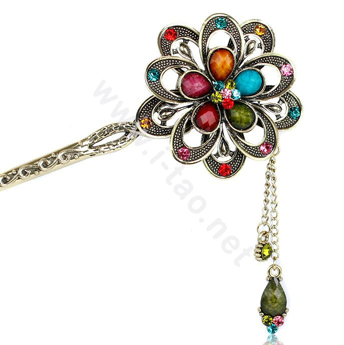Retro Tassel Rhinestone Crystals Flower Hairpin Hair Clasp Clip Fork Stick - Multicolor