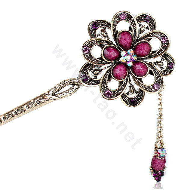 Retro Tassel Rhinestone Crystals Flower Hairpin Hair Clasp Clip Fork Stick - Purple