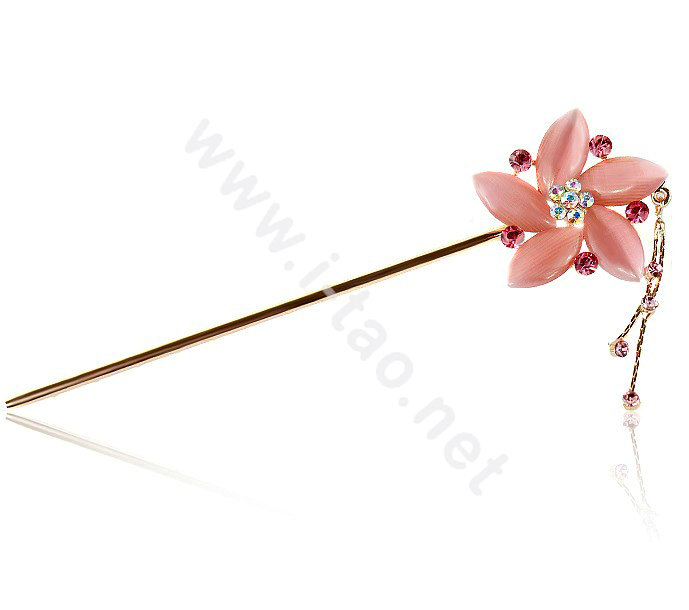 Retro Tassel Rhinestones Crystal Flower Hairpin Hair Clasp Clip Fork Stick - Pink