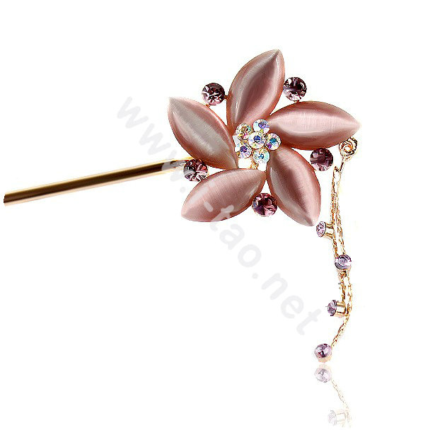Retro Tassel Rhinestones Crystal Flower Hairpin Hair Clasp Clip Fork Stick - Purple