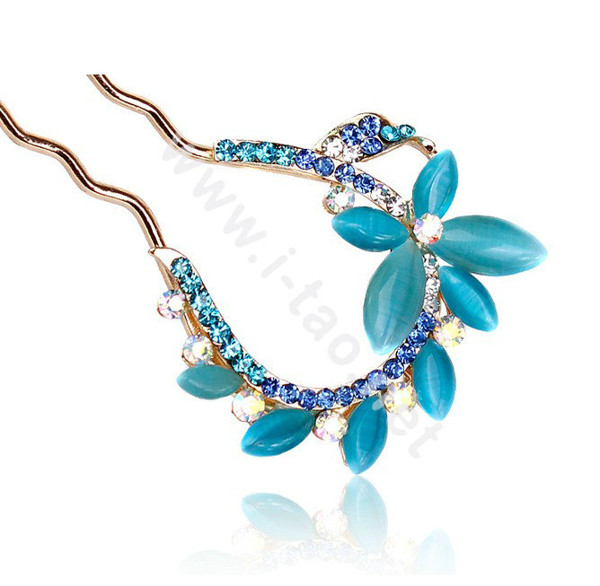 U Shape HairPin Rhinestone Crystal Butterfly Hair Clip Comb Fork Stick - Blue