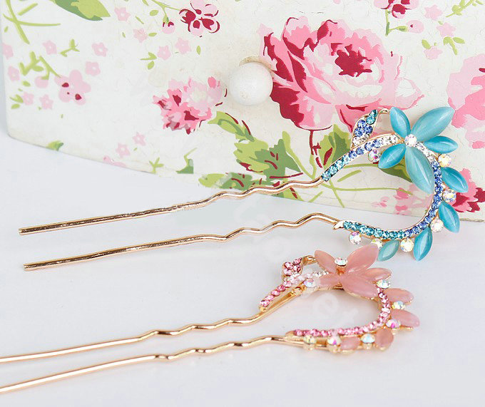 U Shape HairPin Rhinestone Crystal Butterfly Hair Clip Comb Fork Stick - Blue