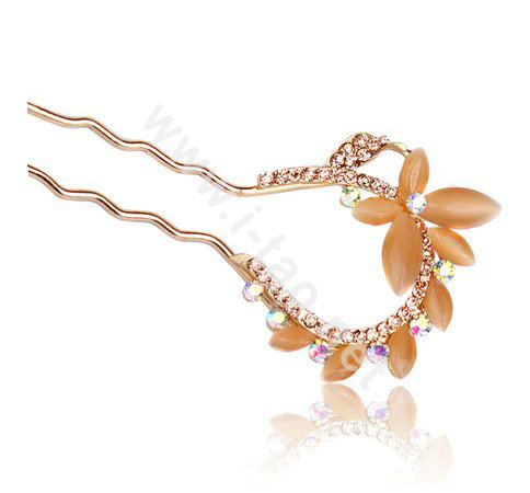 U Shape HairPin Rhinestone Crystal Butterfly Hair Clip Comb Fork Stick - Champagne