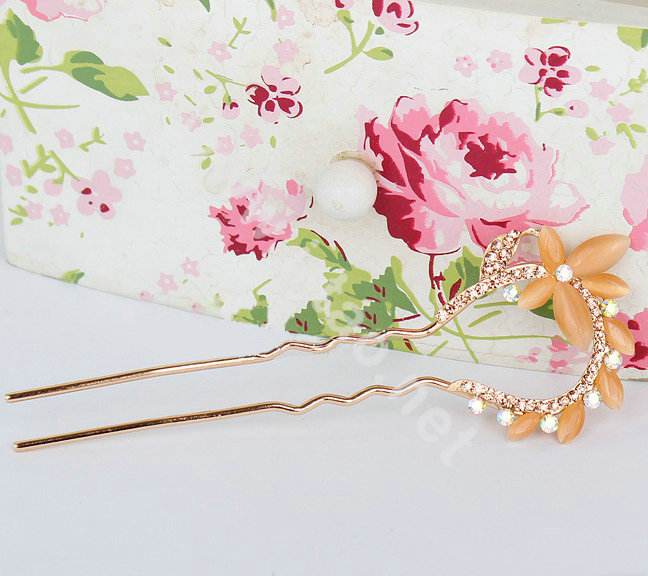 U Shape HairPin Rhinestone Crystal Butterfly Hair Clip Comb Fork Stick - Champagne