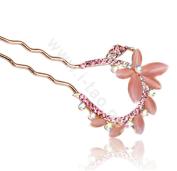 U Shape HairPin Rhinestone Crystal Butterfly Hair Clip Comb Fork Stick - Pink