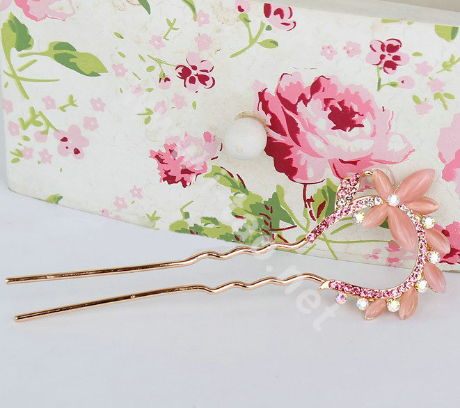 U Shape HairPin Rhinestone Crystal Butterfly Hair Clip Comb Fork Stick - Pink
