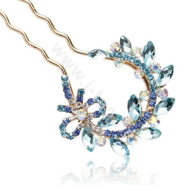 U Shape HairPin Rhinestone Crystal Flower Hair Clip Comb Fork Stick - Blue