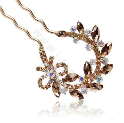 U Shape HairPin Rhinestone Crystal Flower Hair Clip Comb Fork Stick - Champagne