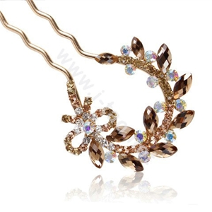 U Shape HairPin Rhinestone Crystal Flower Hair Clip Comb Fork Stick - Champagne