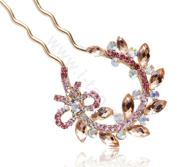 U Shape HairPin Rhinestone Crystal Flower Hair Clip Comb Fork Stick - Pink