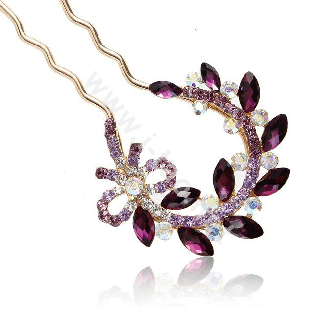 U Shape HairPin Rhinestone Crystal Flower Hair Clip Comb Fork Stick - Purple