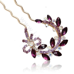 U Shape HairPin Rhinestone Crystal Flower Hair Clip Comb Fork Stick - Purple