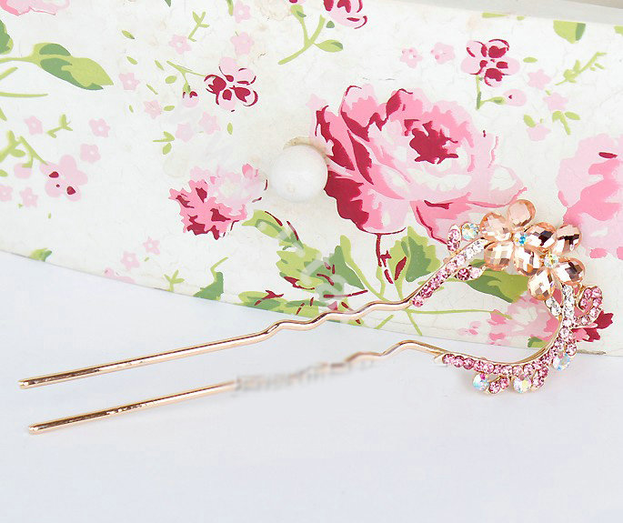 U Shape HairPin Rhinestone Crystal Flower Hair Comb Clip Fork Stick - Pink