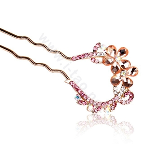 U Shape HairPin Rhinestone Crystal Flower Hair Comb Clip Fork Stick - Pink