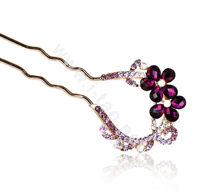 U Shape HairPin Rhinestone Crystal Flower Hair Comb Clip Fork Stick - Purple
