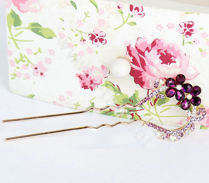 U Shape HairPin Rhinestone Crystal Flower Hair Comb Clip Fork Stick - Purple