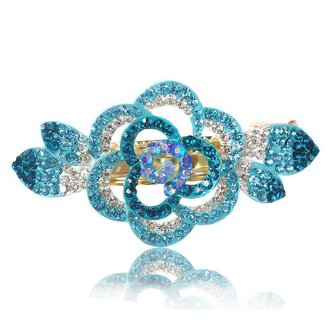 Crystal Rhinestone Flower Hair Clip Barrette Metal Hair Slide - Blue