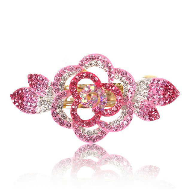Crystal Rhinestone Flower Hair Clip Barrette Metal Hair Slide - Pink
