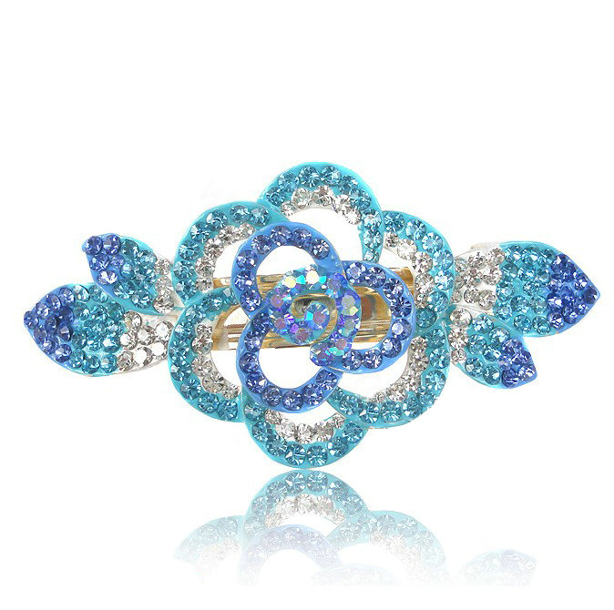 Crystal Rhinestone Flower Hair Clip Barrette Metal Hair Slide - Sky blue