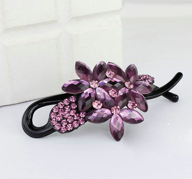 Crystal Rhinestone Flower Twist Hair Clip Slide Clamp Hair Accessories - Purple