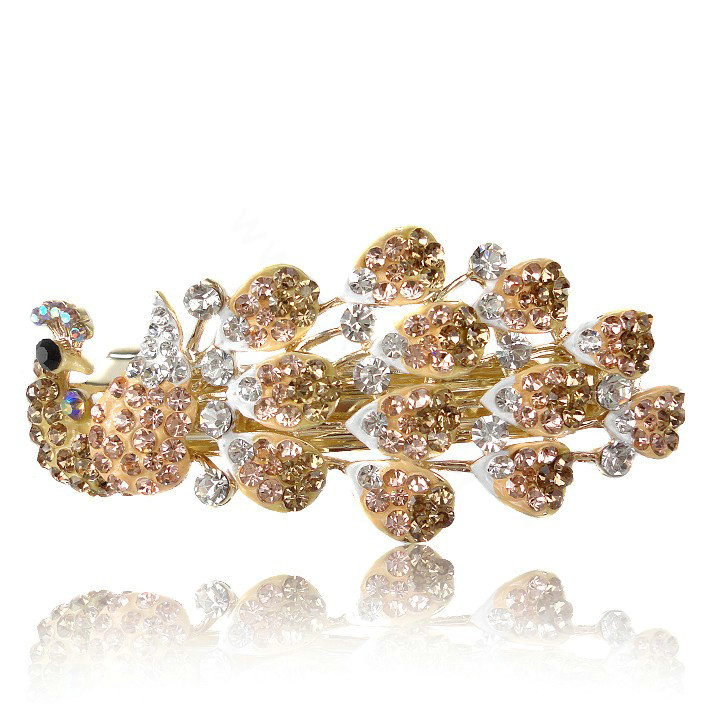 Crystal Rhinestone Peacock Hair Barrette Clip Metal Hair Slide - Champagne