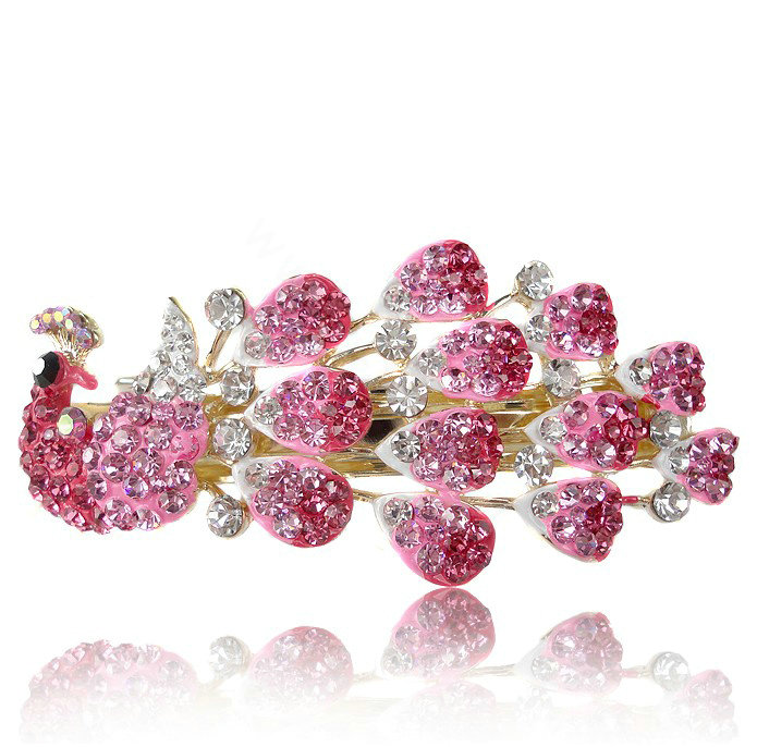 Crystal Rhinestone Peacock Hair Barrette Clip Metal Hair Slide - Pink