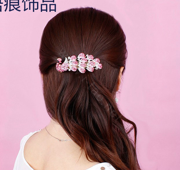 Crystal Rhinestone Peacock Hair Barrette Clip Metal Hair Slide - Pink