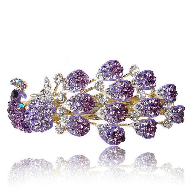 Crystal Rhinestone Peacock Hair Barrette Clip Metal Hair Slide - Purple