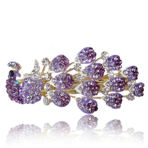Crystal Rhinestone Peacock Hair Barrette Clip Metal Hair Slide - Purple