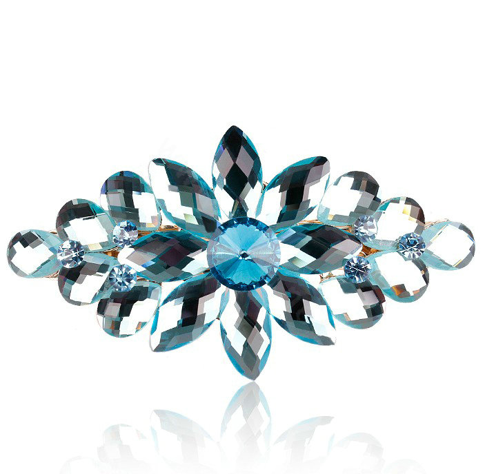 Luxury Crystal Rhinestone Flower Hair Barrette Clip Metal Hair Slide - Blue