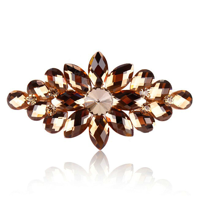 Luxury Crystal Rhinestone Flower Hair Barrette Clip Metal Hair Slide - Coffee