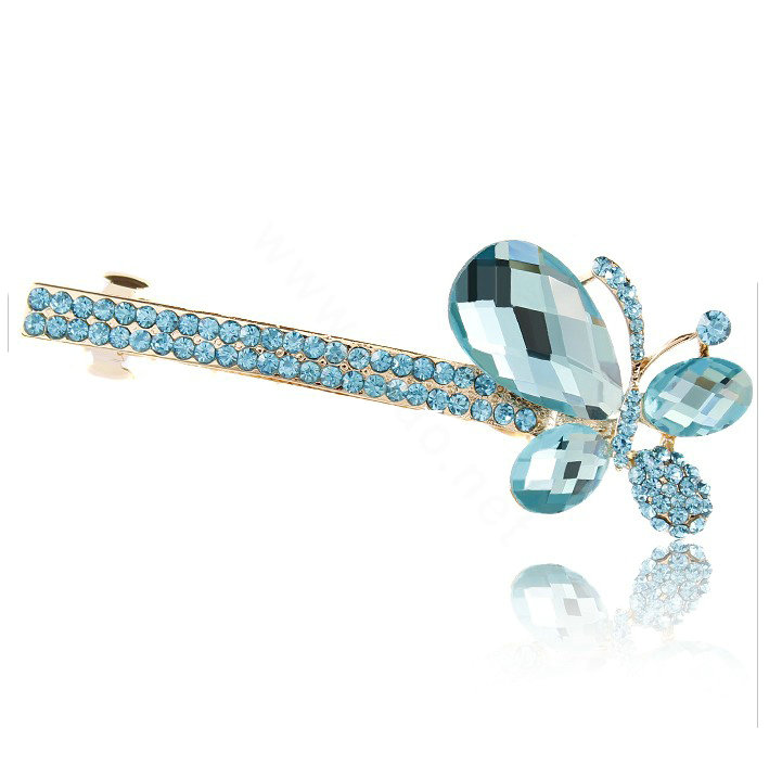 Rhinestone Crystal Butterfly Hair Barrette Clip Metal Hair Slide - Blue