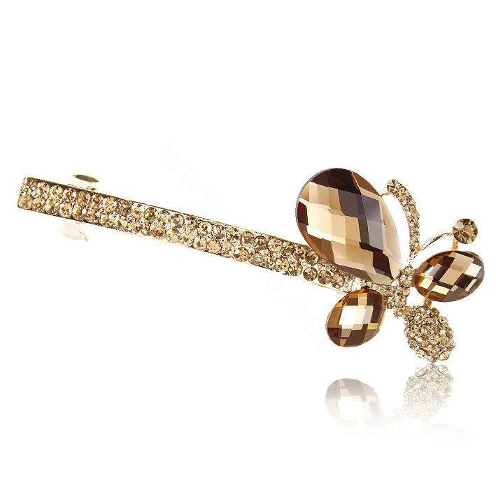 Rhinestone Crystal Butterfly Hair Barrette Clip Metal Hair Slide - Coffee