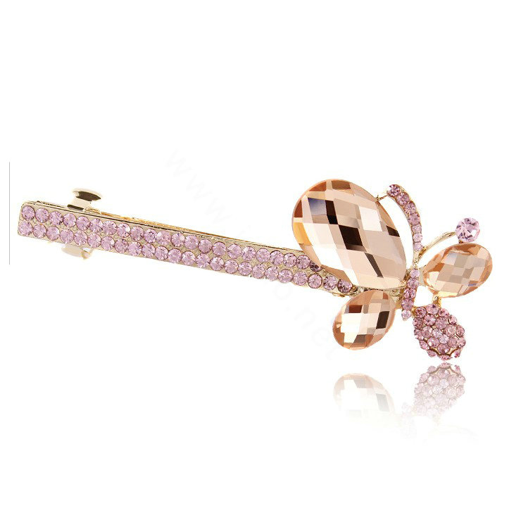 Rhinestone Crystal Butterfly Hair Barrette Clip Metal Hair Slide - Pink