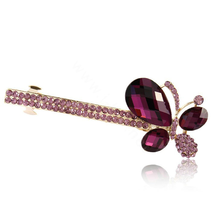 Rhinestone Crystal Butterfly Hair Barrette Clip Metal Hair Slide - Purple