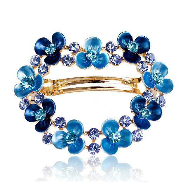 Rhinestone Crystal Floral Hair Barrette Clip Metal Hair Slide - Blue