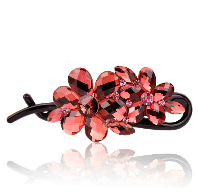 Rhinestone Crystal Flower Twist Hair Clip Slide Clamp Hair Accessories - Red