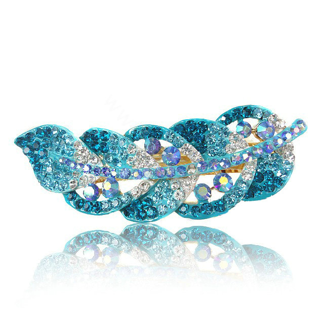Rhinestone Crystal Leaf Hair Barrette Clip Metal Hair Slide - Blue